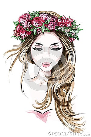 Hand drawn beautiful young woman in flower wreath. Cute girl with long hair. Sketch. Vector Illustration