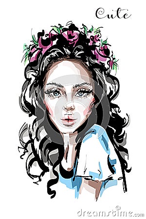 Hand drawn beautiful young woman with flower wreath in her hair. Stylish elegant girl. Fashion woman portrait. Vector Illustration