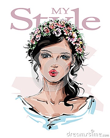 Hand drawn beautiful young woman with flower wreath on her head. Stylish girl. Fashion woman look. Sketch. Vector Illustration