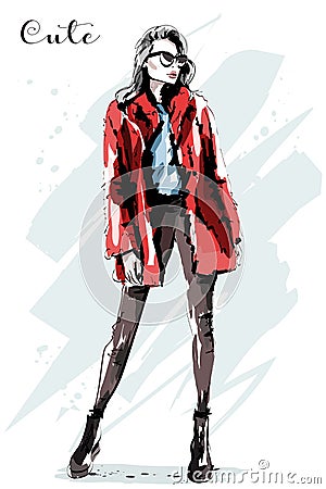 Hand drawn beautiful young woman in fur jacket. Fashion model posing. Cute girl in stylish cllthes. Vector Illustration