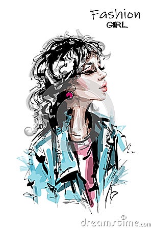 Hand drawn beautiful young woman hairstyle with bang. Stylish elegant girl in jeans jacket. Fashion woman portrait. Vector Illustration