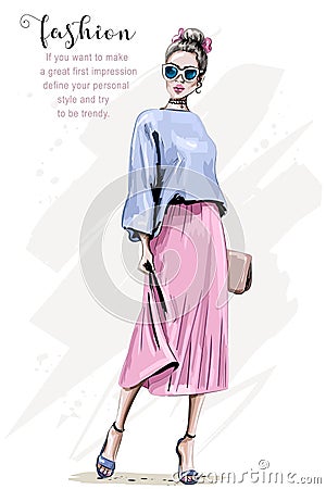 Hand drawn beautiful young woman with handbag. Fashion woman. Stylish cute girl in sunglasses. Vector Illustration