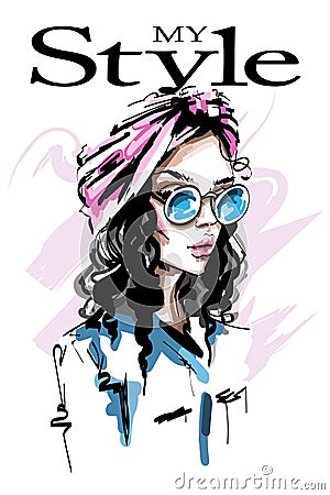 Hand drawn beautiful young woman with headband on her hair. Stylish elegant girl. Fashion woman portrait. Vector Illustration