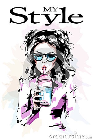Hand drawn beautiful young woman holding transparent disposable Plastic Juice Cup. Stylish elegant girl in sunglasses. Vector Illustration
