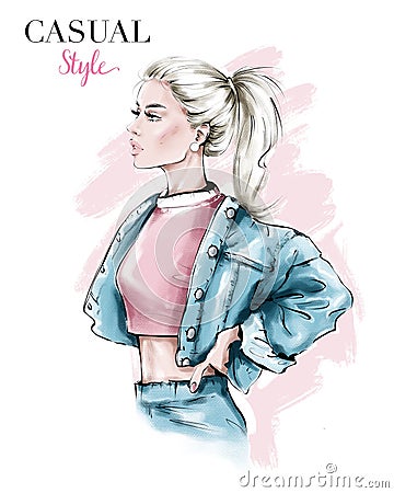 Hand drawn beautiful young woman in jeans jacket . Fashion blonde hair woman with ponytail. Fashion illustration. Stylish girl. Cartoon Illustration