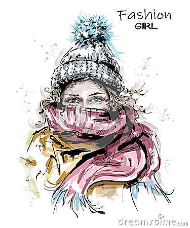 Hand drawn beautiful young woman in knit cap. Stylish winter look. Fashion woman with scarf. Vector Illustration