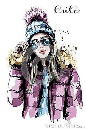 Hand drawn beautiful young woman in knit hat. Fashion woman in sunglasses. Stylish girl. Vector Illustration