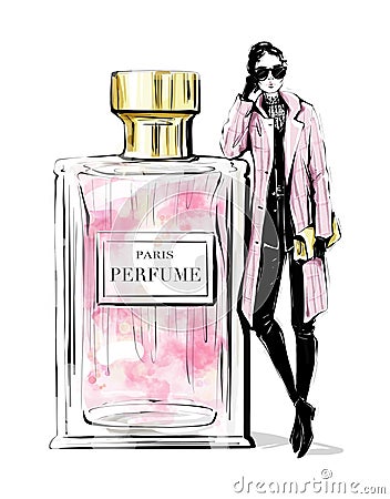 Hand drawn beautiful young woman with large perfume bottle. Fashion look. Stylish girl in fashion clothes. Woman in pink coat. Cartoon Illustration