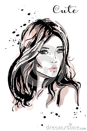 Hand drawn beautiful young woman with long hair. Stylish cute girl. Fashion woman portrait. Vector Illustration