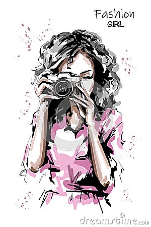 Hand drawn beautiful young woman with photo camera. Stylish elegant girl. Fashion woman portrait. Vector Illustration