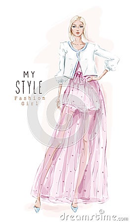 Hand drawn beautiful young woman in pink skirt and jacket. Stylish girl. Fashion woman look. Sketch. Cartoon Illustration