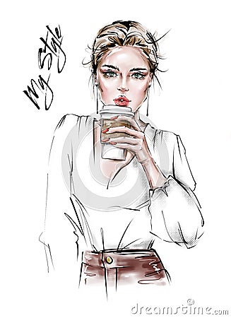 Hand drawn beautiful young woman with plastic coffee cup in her hand. Stylish girl. Fashion woman look. Sketch. Cartoon Illustration