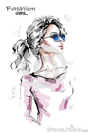 Hand drawn beautiful young woman with ponytail. Stylish blonde hair girl. Fashion woman look. Female character in sunglasses. Vector Illustration