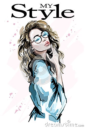 Hand drawn beautiful young woman portrait. Cute blond curly hair girl. Fashion lady. Vector Illustration