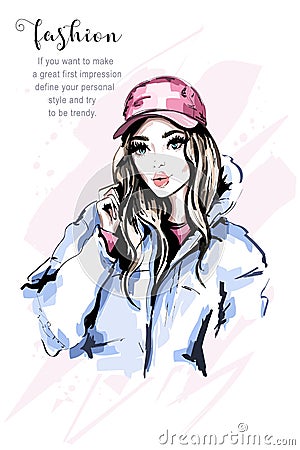 Hand drawn beautiful young woman portrait. Fashion woman in cap. Stylish cute girl with long hair. Fashion model in winter clothes Vector Illustration