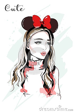 Hand drawn beautiful young woman portrait. Fashion woman with ear headband. Vector Illustration