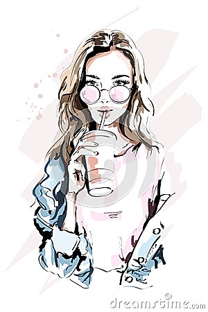 Hand drawn beautiful young woman portrait. Fashion girl with coffee cup. Stylish woman in sunglasses. Vector Illustration