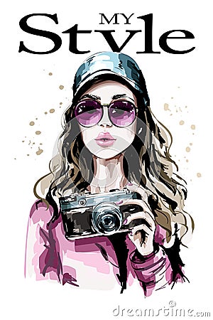 Hand drawn beautiful young woman portrait. Fashion woman in stylish cap. Cute girl with photo camera. Vector Illustration