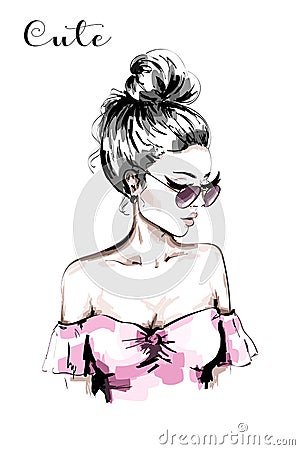 Hand drawn beautiful young woman portrait. Fashion woman in sunglasses. Cute blond hair girl with stylish hairstyle. Vector Illustration