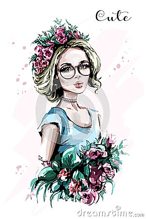 Hand drawn beautiful young woman portrait. Fashion woman in flower wreath. Pretty blond hair girl with flowers. Vector Illustration