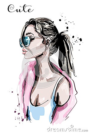 Hand drawn beautiful young woman portrait. Girl with ponytail. Fashion woman in sunglasses. Stylish lady. Vector Illustration