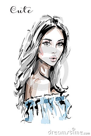 Hand drawn beautiful young woman portrait. Stylish elegant girl. Fashion woman face. Vector Illustration