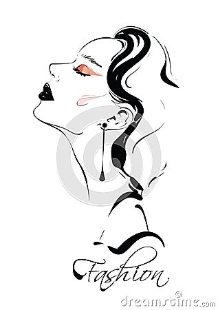 Hand drawn beautiful young woman profile. Stylish girl. Fashion woman. Sketch. Vector Illustration