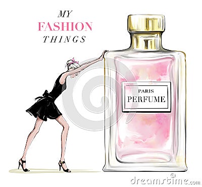 Hand drawn beautiful young woman pushing perfume bottle. Fashion woman in black dress. Stylish girl with bow on her head. Cartoon Illustration