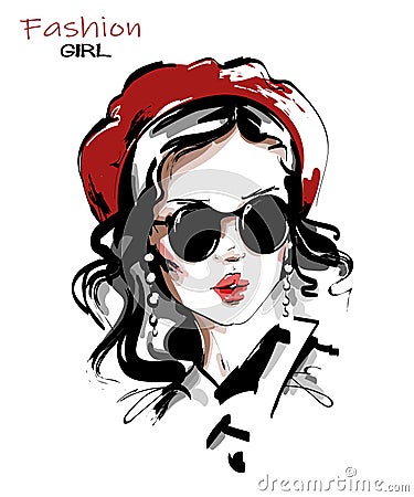 Hand drawn beautiful young woman in red beret. Stylish girl in sunglasses. Fashion woman look. Sketch. Vector Illustration