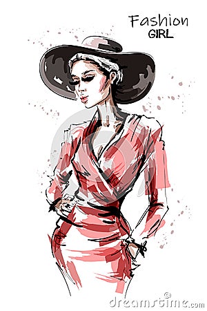 Hand drawn beautiful young woman in red dress. Stylish elegant girl in hat. Fashion woman portrait. Vector Illustration