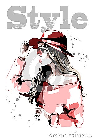 Hand drawn beautiful young woman in red hat. Fashion woman. Stylish lady portrait. Sketch. Vector Illustration