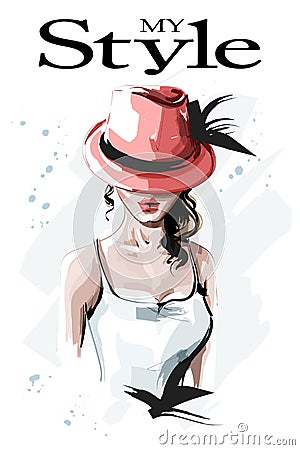 Hand drawn beautiful young woman in red hat. Fashion woman with curly hair. Stylish lady. Vector Illustration