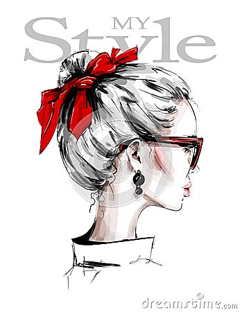 Hand drawn beautiful young woman with red headband. Female profile. Stylish girl in sunglasses. Fashion woman look. Red bow. Vector Illustration