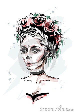 Hand drawn beautiful young woman with santa muerte makeup. Stylish halloween look. Fashion woman portrait. Vector Illustration