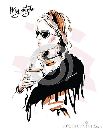 Hand drawn beautiful young woman with scarf. Stylish girl in sunglasses. Fashion woman with cup of tea. Sketch. Vector Illustration