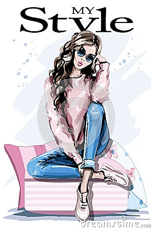 Hand drawn beautiful young woman sitting on soft pillows. Fashion woman in sunglasses. Stylish outfit. Vector Illustration