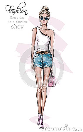 Hand drawn beautiful young woman in sunglasses. Fashion female outfit. Stylish girl in jeans shorts. Fashion woman look. Sketch. Vector Illustration