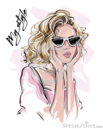 Hand drawn beautiful young woman in sunglasses. Stylish blonde hair girl. Fashion woman look. Sketch. Vector Illustration