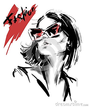 Hand drawn beautiful young woman in sunglasses. Stylish elegant girl. Fashion woman look. Sketch. Vector Illustration