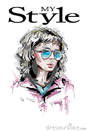 Hand drawn beautiful young woman in sunglasses. Stylish elegant girl look. Fashion woman portrait. Vector Illustration