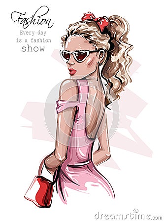 Hand drawn beautiful young woman in sunglasses. Stylish girl with bag. Fashion woman look. Fashion girl with bow on her head. Vector Illustration