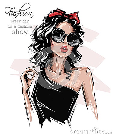 Hand drawn beautiful young woman in sunglasses. Stylish girl with bow on her head. Fashion woman look. Sketch. Vector Illustration