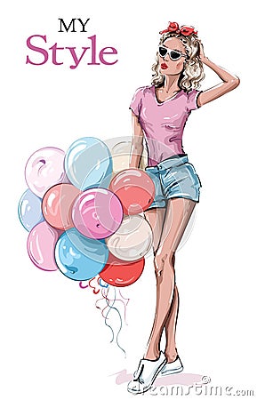 Hand drawn beautiful young woman in sunglasses. Stylish girl with colorful balloons. Fashion woman look. Sketch. Vector Illustration