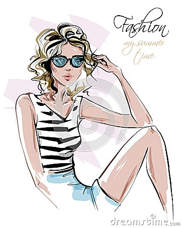 Hand drawn beautiful young woman in sunglasses. Stylish girl in summer clothes. Fashion woman look. Pretty tanned girl in shorts. Vector Illustration