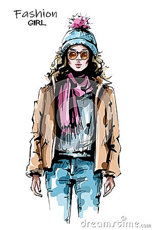 Hand drawn beautiful young woman in sunglasses. Stylish girl in winter clothes. Fashion woman look. Sketch. Vector illustration. Vector Illustration