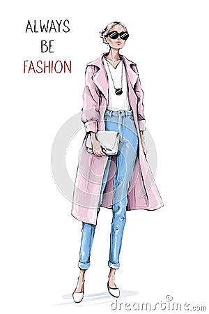 Hand drawn beautiful young woman wearing coat and jeans. Stylish girl in sunglasses holding white bag. Fashion woman look. Sketch. Cartoon Illustration