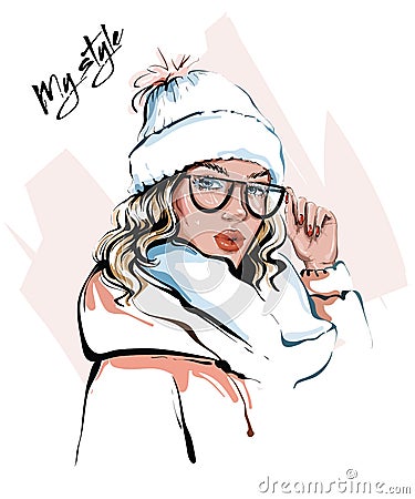 Hand drawn beautiful young woman in winter clothes. Stylish girl. Fashion woman look. Sketch. Vector Illustration