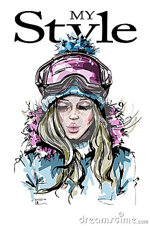 Hand drawn beautiful young woman in winter clothes. Stylish girl in winter goggles. Fashion woman look. Vector Illustration