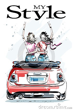 Hand drawn beautiful young women in red car. Stylish elegant girls. Two girls embracing each other. Fashion women look. Vector Illustration