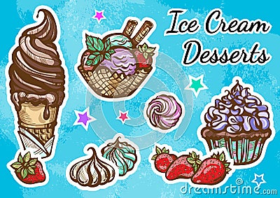 Hand-drawn beautifully Ice Cream dessert icon set. Retro style artwork, vintage food elements isolated. Perfect menu template. Vector Illustration